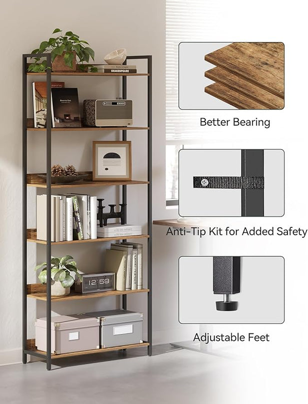 6-Tier Bookshelf, Large Bookcase with Open Shelves, Tall Book Shelf Coner Shelf for Living Room, Bedroom, Home Office, Study, Bathroom,11.5 x 29.9 x 72.6 Inches, Rustic Brown and Black - LeafyLoom
