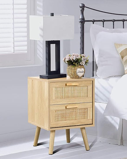 Finnhomy Nightstand, End Table, Side Table with 2 Hand Made Rattan Decorated Drawers, Wood Accent Table with Storage for Bedroom, Natural (Patented) - LeafyLoom