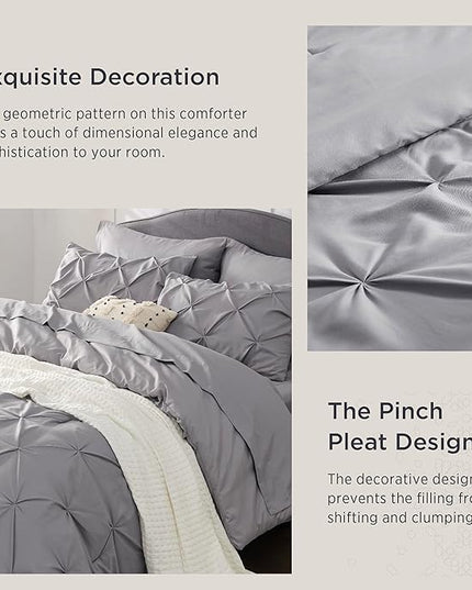 Bedsure Queen Comforter Set - Bed in a Bag Queen 7 Pieces, Pintuck Bedding Sets Grey Bed Set with Comforter, Sheets, Pillowcases & Shams - LeafyLoom
