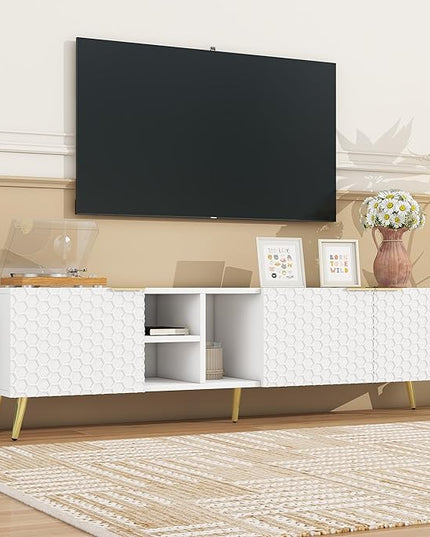 Merax Modern Minimalist Geometric TV Stand with Metal Handles and Gold Legs for Televisions Up to 80'' Multi-Functional Storage Cabinet, Entertainment Center for Living Room, 70.80" Length, White - LeafyLoom