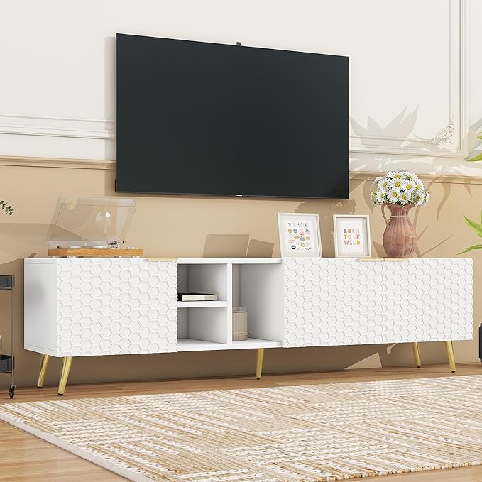 Merax Modern Minimalist Geometric TV Stand with Metal Handles and Gold Legs for Televisions Up to 80'' Multi-Functional Storage Cabinet, Entertainment Center for Living Room, 70.80" Length, White - LeafyLoom