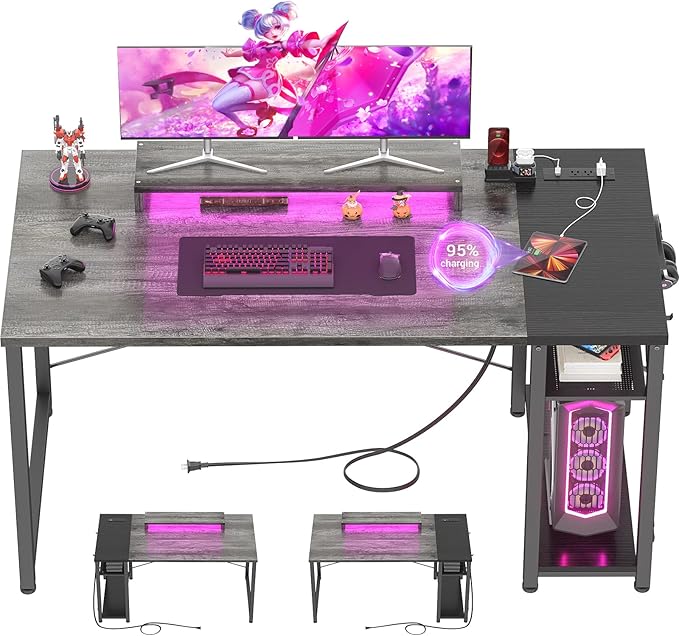 armocity Computer Desk with LED Lights, 47 Gaming Desk with Power Outlet and USB, Reversible Laptop Table with Moveable Monitor Stand for Small Spaces, Office, Room, Grey and Black - LeafyLoom