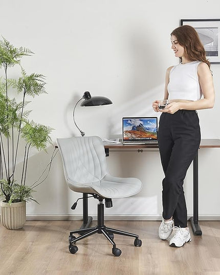 YOUTASTE Office Chair Modern Armless Desk Chair, Height Adjustable Swivel Rocking Computer Task Chair, Faux Leather Sewing Chair with Wheels, Stylish Lounge Vanity Chair,Grey - LeafyLoom