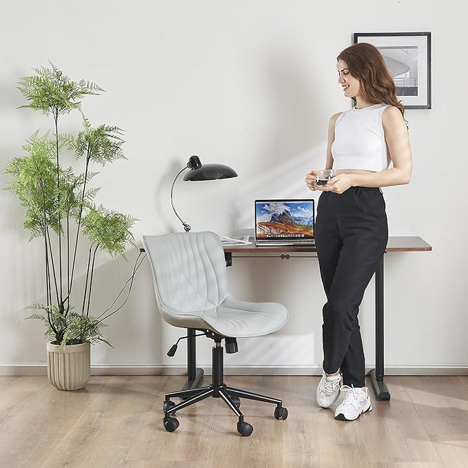 YOUTASTE Office Chair Modern Armless Desk Chair, Height Adjustable Swivel Rocking Computer Task Chair, Faux Leather Sewing Chair with Wheels, Stylish Lounge Vanity Chair,Grey - LeafyLoom