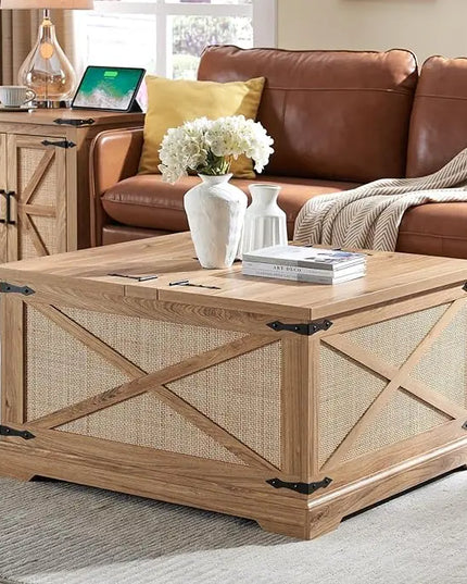 Farmhouse Square Coffee Table with Storage, Wood Center Table with Hinged Lift Top, Rustic Cocktail Table with Large Hidden Storage Compartment for Living Room, Bedroom,Natural,Rattan - LeafyLoom