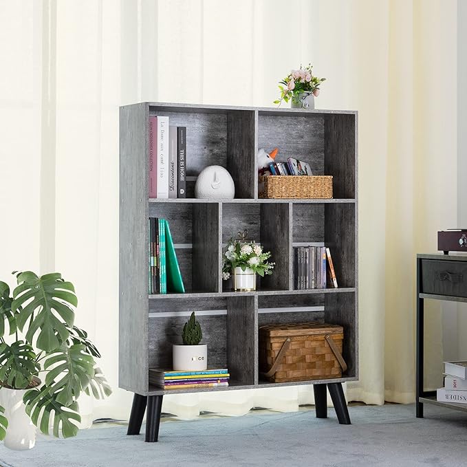 LEYAOYAO Bookshelf Cube Storage Organizer,3 Tier Bookcase with Legs,Modern Wood Open Shelf,Dirty Grey Bookshelves,Free Standing Display Short Book Shelves for Narrow Space,Bedroom,Living Room,Office - LeafyLoom