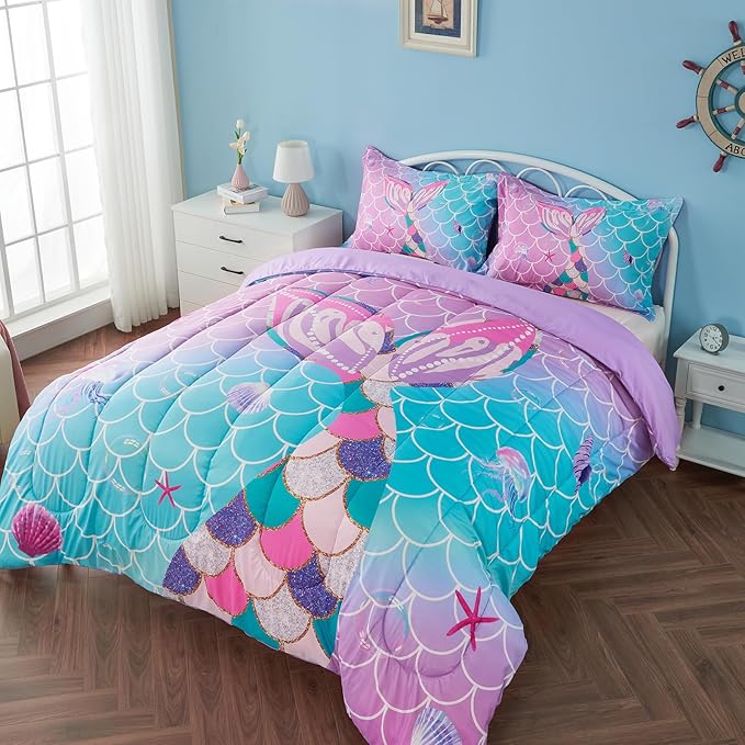 Twin/Twin XL Comforter Set for Girls Mermaid Tail Rainbow Scales Bedding Set 2 Pieces Twin Size Comforter with Pillowcase for Kids, Teenagers - LeafyLoom
