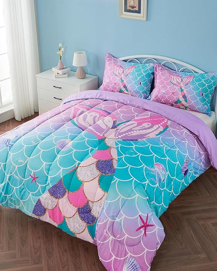Queen Size Comforter Sets for Girls Mermaid Tail Rainbow Scales Bedding Set 3 Pieces Queen Comforter with 2 Pillowcases for Kids, Teenagers - LeafyLoom