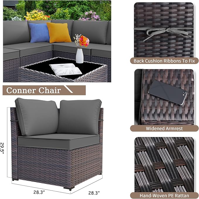Patio Furniture Set Sofa 12-Pieces Wicker Sectional Sofa Set, Outdoor Furniture Rattan Patio Conversation Set with Thickened Cushions and Glass Coffee Table, Grey - LeafyLoom