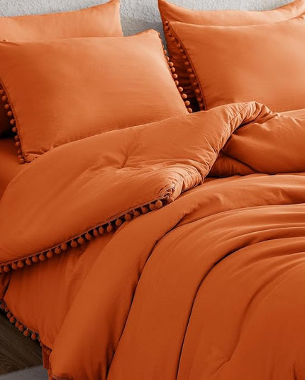 Litanika Queen Size Comforter Set Burnt Orange,3 Pieces Burnt Orange Boho Pom Pom Lightweight Bed Comforter, All Season Solid Color Bedding Comforter Sets (1 Comforter 90x90 Inch, 2 Pillowcases) - LeafyLoom
