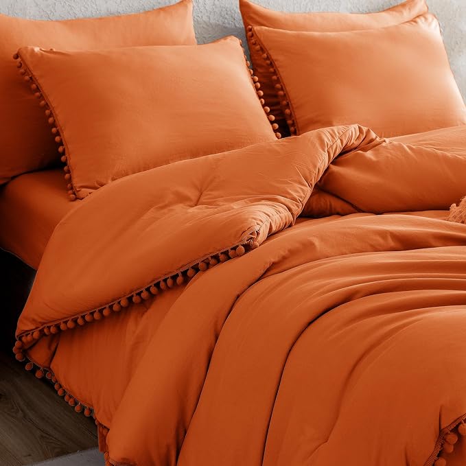 Litanika Queen Size Comforter Set Burnt Orange,3 Pieces Burnt Orange Boho Pom Pom Lightweight Bed Comforter, All Season Solid Color Bedding Comforter Sets (1 Comforter 90x90 Inch, 2 Pillowcases) - LeafyLoom