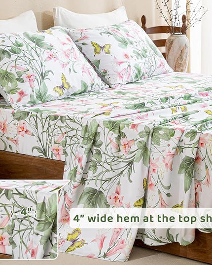 QSH Butterfly Bed Sheets Set Queen Size 100% Egyptian Cotton Sheet Wild Flower Leaves Printed Pattern Bedding Sheets Spring Floral Bedsheets Deep Pockets 4PCs - LeafyLoom