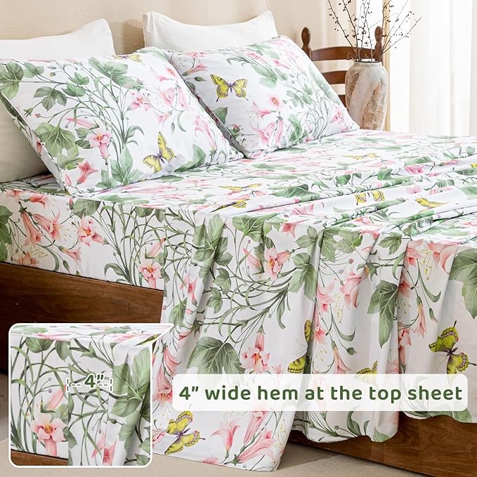 QSH Butterfly Bed Sheets Set Queen Size 100% Egyptian Cotton Sheet Wild Flower Leaves Printed Pattern Bedding Sheets Spring Floral Bedsheets Deep Pockets 4PCs - LeafyLoom