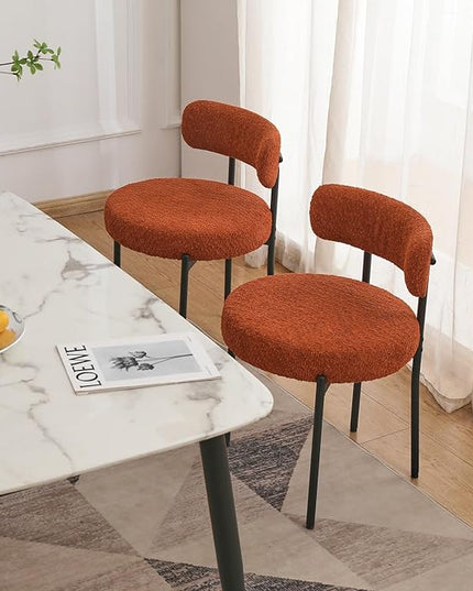 EDWELL Orange Dining Chairs Set of 2, Upholstered Kitchen Dining Room Chairs, Curved Backrest Boucle Dining Chair for Kitchen, Living Room, Mid-Century Modern Kitchen Chairs with Black Metal Legs - LeafyLoom