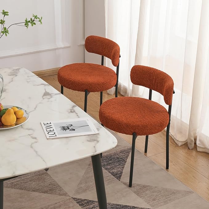 EDWELL Orange Dining Chairs Set of 2, Upholstered Kitchen Dining Room Chairs, Curved Backrest Boucle Dining Chair for Kitchen, Living Room, Mid-Century Modern Kitchen Chairs with Black Metal Legs - LeafyLoom
