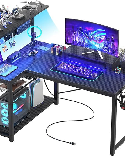 Homieasy Small Gaming Desk with Power Outlets Pegboard LED Light, 43 Inch L Shaped Computer Desk with Monitor Stand Storage Shelves, Reversible Corner Desk with Headset Hooks, Carbon Fiber Black - LeafyLoom