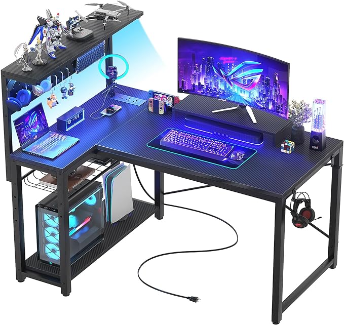 Homieasy Small Gaming Desk with Power Outlets Pegboard LED Light, 43 Inch L Shaped Computer Desk with Monitor Stand Storage Shelves, Reversible Corner Desk with Headset Hooks, Carbon Fiber Black - LeafyLoom