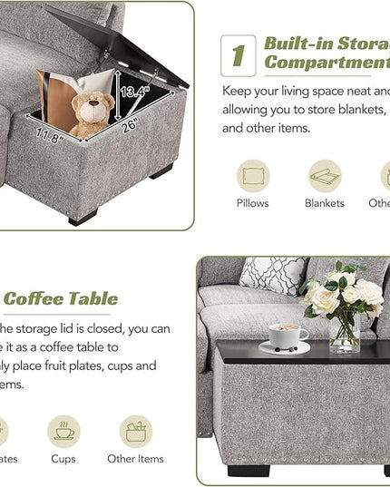83.8“ L-Shape Sectional Sleeper Sofa with Pull out Bed and Storage Chaise, Chenille Upholstered Couch w/Cup Holder&USB Charge, for Living Room Apartment, 83.8 Inch, Light Gray - LeafyLoom