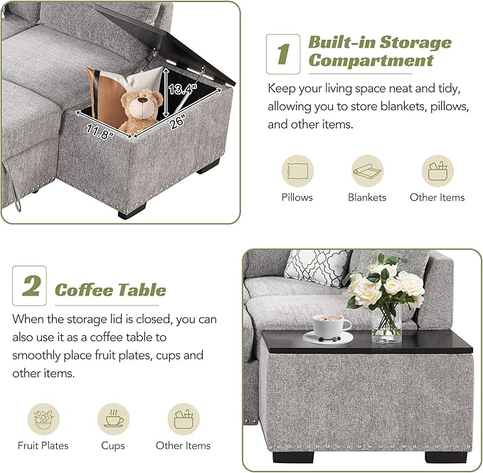 83.8“ L-Shape Sectional Sleeper Sofa with Pull out Bed and Storage Chaise, Chenille Upholstered Couch w/Cup Holder&USB Charge, for Living Room Apartment, 83.8 Inch, Light Gray - LeafyLoom