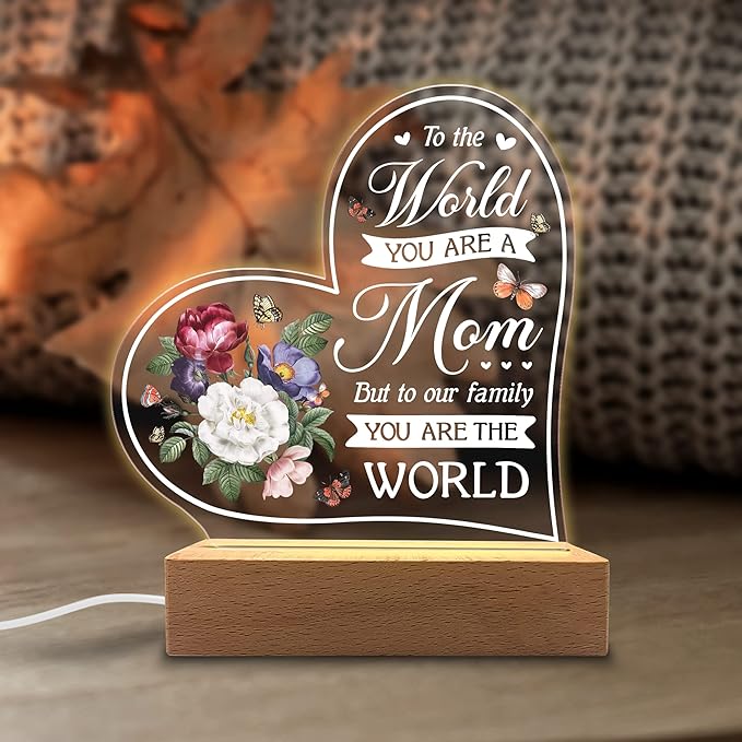 Acrylic Night Light Gift for Mother - to Our Family You are The World - Acrylic Light Gift for Mom from Son, Daughter on Mothers Day - Birthday Gifts to Mom - LeafyLoom