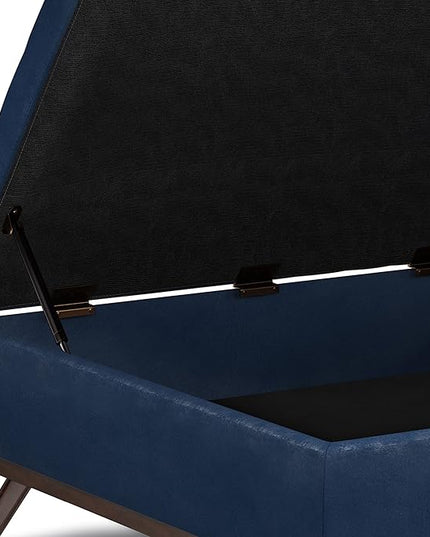 SIMPLIHOME Owen 36 Inch Wide Mid Century Modern Square Coffee Table Lift Top Storage Ottoman in Upholstered Distressed Dark Blue Faux Leather, For the Living Room - LeafyLoom