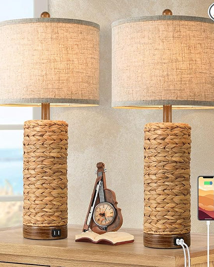 Set of 2 Rattan Table Lamps for Living Room with 2 USB Ports, 27in Tall Bedroom Lamp Costal Farmhouse, Rustic Woven Seagrass Bedside Nightstand Lamps for End Table, E26 Socket&Rotary Switch, No Bulb - LeafyLoom