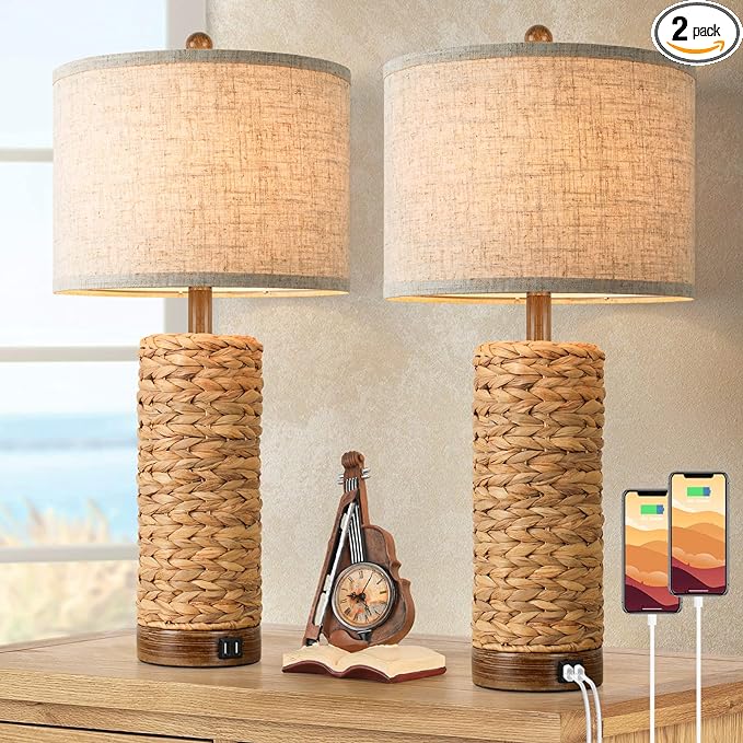 Set of 2 Rattan Table Lamps for Living Room with 2 USB Ports, 27in Tall Bedroom Lamp Costal Farmhouse, Rustic Woven Seagrass Bedside Nightstand Lamps for End Table, E26 Socket&Rotary Switch, No Bulb - LeafyLoom