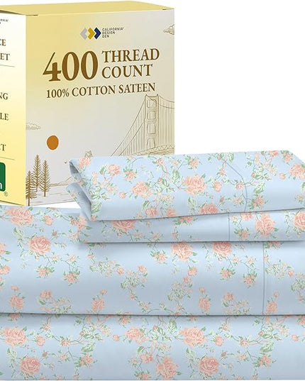 California Design Den Floral Sheets for King Size Bed, 4 Piece 100% Cotton Sheets Set, Luxury 400 Thread Count Sateen, Deep Pocket King Sheets (Antique Rose) - LeafyLoom
