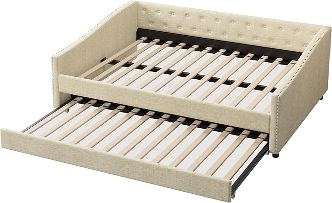Full Size Upholstered Daybed with Twin Size Trundle,Wood Sofa Bed Frame W/Button Tufted Back and Nailhead Decorated Waved Shape Arms,Slat Support,for Bedroom,Living Room,Apartment,Beige - LeafyLoom