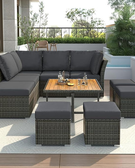 9-Pieces Outdoor Rattan Sectional Sofa Set, Wicker Patio Conversation Furniture with L-shape Couch&Storage Ottomans, Acacia Wood Coffee Table, for Garden Yard, Grey Wicker&Grey Cushion - LeafyLoom