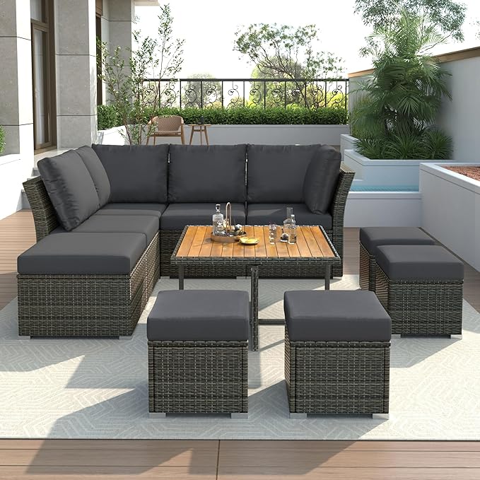 9-Pieces Outdoor Rattan Sectional Sofa Set, Wicker Patio Conversation Furniture with L-shape Couch&Storage Ottomans, Acacia Wood Coffee Table, for Garden Yard, Grey Wicker&Grey Cushion - LeafyLoom