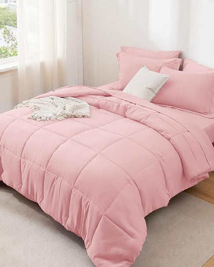 Bedsure Pink Full Size Comforter Set - 7 Pieces Solid Full Bed in a Bag, Full Bed Set Pink with Comforters, Sheets, Pillowcases & Shams - LeafyLoom