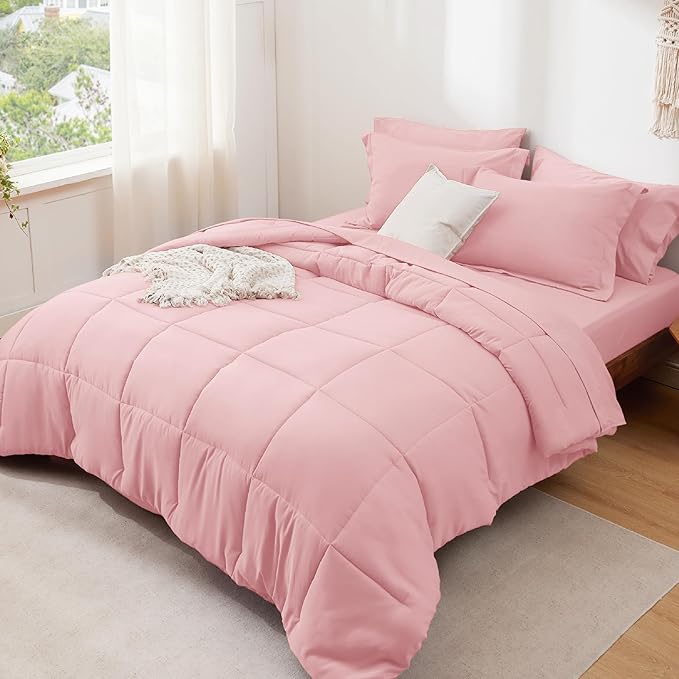 Bedsure Pink Full Size Comforter Set - 7 Pieces Solid Full Bed in a Bag, Full Bed Set Pink with Comforters, Sheets, Pillowcases & Shams - LeafyLoom