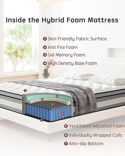 King Mattress, 14 Inch Innerspring Hybrid Mattress in a Box with Gel Memory Foam, Individually Wrapped Encased Coil Pocket Spring Mattress, Pressure Relief, Medium Firm Support,76"*80"*14"… - LeafyLoom