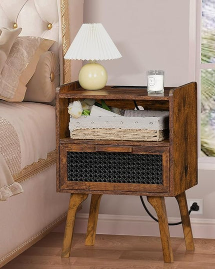 Lerliuo Rattan Nightstands Set of 2 with Charging Station, Boho Side Table with Drawer Open Shelf, Cane Accent Bedside End Table with Solid Wood Legs for Bedroom, Dorm and Small Spaces (Brown) - LeafyLoom