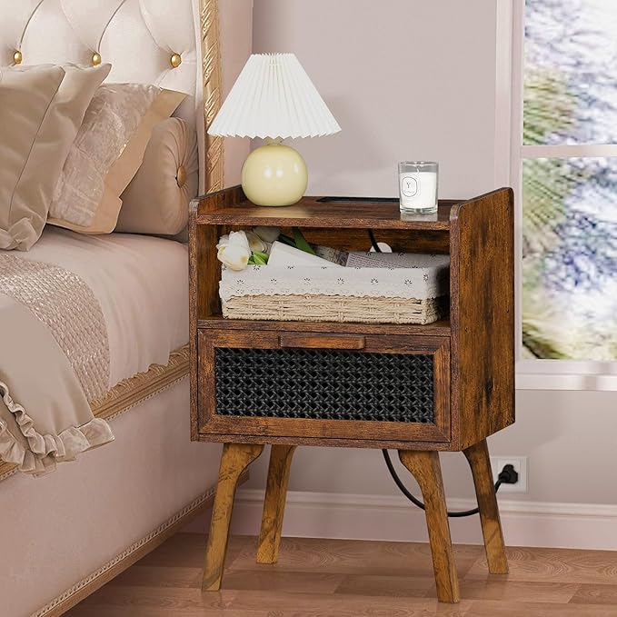 Lerliuo Rattan Nightstand with Charging Station, Side Table with Drawer Open Shelf, Cane Accent Bedside End Table with Solid Wood Legs, Night Stand for Bedroom, Dorm and Small Spaces (Brown) - LeafyLoom
