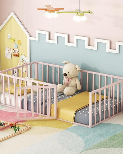 RITSU Twin Size Metal Floor Fence Bed, Montessori Bedframe, with Safety Guardrail and Door, for Children Bedroom, Boys Girls, Apartment, Strong & Durable, Easy to Assemble, Pink - LeafyLoom