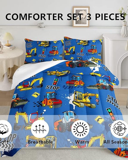 Axolotl Blue Excavator Bedding Queen,3Pcs Boys Construction Comforter Set,Cartoon Machinery Truck Bedding Set for Boys Kids Children Teens Bedroom Decor Cars Quilt Set with 1 Comforter 2 Pillowcase - LeafyLoom
