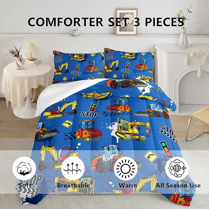 Axolotl Blue Excavator Bedding Full,3Pcs Boys Construction Comforter Set,Cartoon Machinery Truck Bedding Set for Boys Kids Children Teens Bedroom Decor Cars Quilt Set with 1 Comforter 2 Pillowcase - LeafyLoom