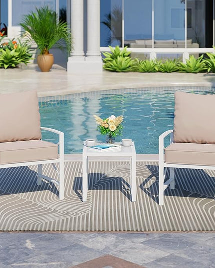 Shintenchi 3 Piece White Metal Outdoor Furniture Sectional Set, Modern Outdoor Metal Chair Conversation Furniture Set with Coffee Table for Patio,Backyard,Balcony (Khaki) - LeafyLoom