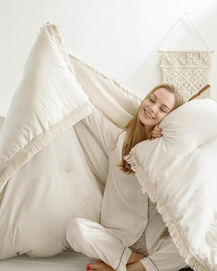 Andency Queen Comforter Set Beige, 3 Pieces Boho Lightweight Fluffy Bedding Comforters & Sets, Soft Tassel All Seasons Bed Set Gift Choice (90x90In Comforter & 2 Pillowcases) - LeafyLoom