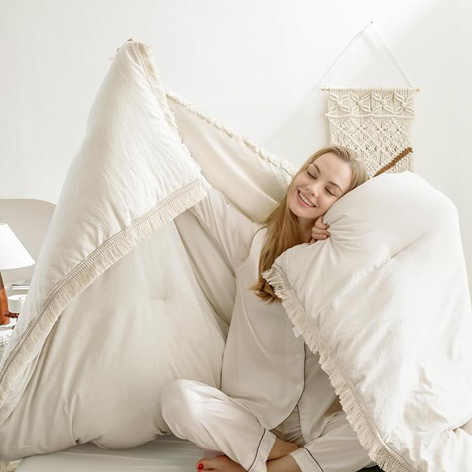 Andency Queen Comforter Set Beige, 3 Pieces Boho Lightweight Fluffy Bedding Comforters & Sets, Soft Tassel All Seasons Bed Set Gift Choice (90x90In Comforter & 2 Pillowcases) - LeafyLoom