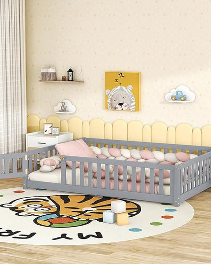 Multifunctional Full Size Floor Bed with Safety Guardrails and Door, Removable Wood Slats, Montessori Beds Frame for Toddlers, for Boys and Girls, Gray - LeafyLoom