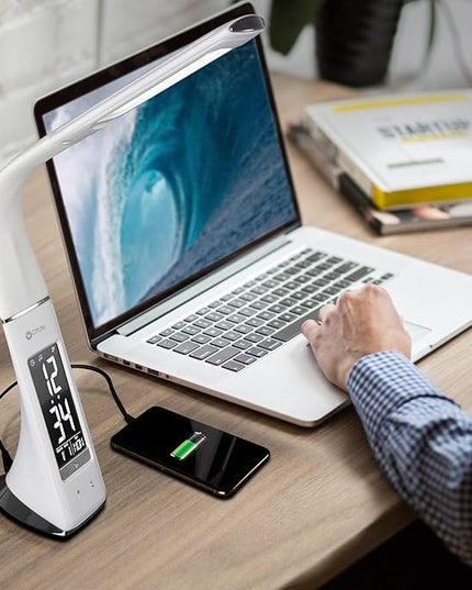 OttLite Thrive LED Sanitizing Desk Lamp with Clock and USB Charging - Eliminates up to 99.9% of Bacteria, Touch Activated, Flexible Neck, Modern Light for Reading, Crafting & Office Desktop - LeafyLoom