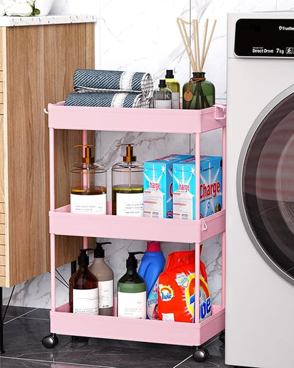 SPACEKEEPER Rolling Storage Cart 3 Tier, Bathroom Cart Organizer Laundry Room Organizer Utility Cart Mobile Shelving Unit Multi-Functional Shelves for Office, Kitchen, Bathroom, Pink - LeafyLoom