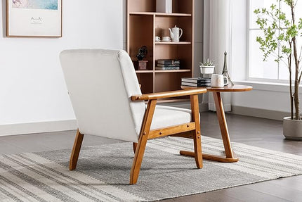 Mid-Century Accent, Modern Single Armchair, Upholstered Leisure Lounge Chair wth Solid Wood Armrest and Feet for Living Room, Bedroom, Office, Beige - LeafyLoom