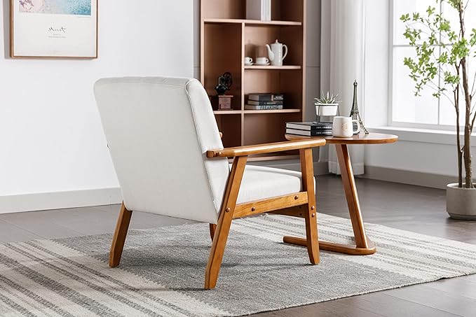 Mid-Century Accent, Modern Single Armchair, Upholstered Leisure Lounge Chair wth Solid Wood Armrest and Feet for Living Room, Bedroom, Office, Beige - LeafyLoom