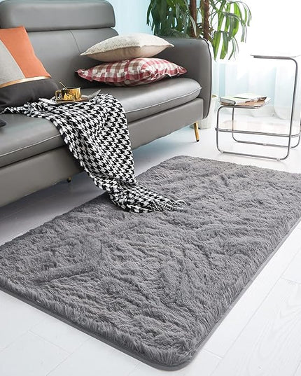 YOBATH Fluffy Soft Shaggy Area Rugs 3x5 Feet, Indoor Modern Fuzzy Plush Carpet Rugs for Living Room Bedroom Kids Room Nursery Home Decor, Anti-Slip Rectangle Bedside Shag Rugs, Grey - LeafyLoom