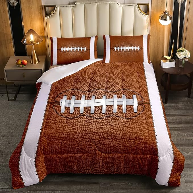 Erosebridal Football Bedding Sets Full Size Outdoor Games Sports Down Comforter for Boys Kids Red Brown Ball Comforter Set Football Athletic Quilted Duvet with 1 Comforter and 2 Pillow Cases - LeafyLoom