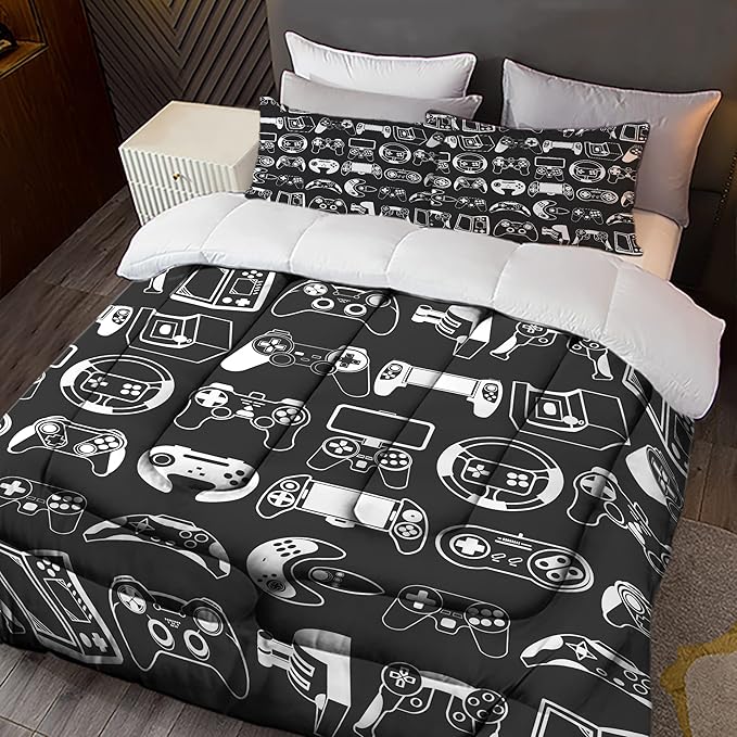 Sunnycitron Gamer Bedding Sets for Boys Gaming Comforter Boys Bedding Sets Queen Comforter Sets Gamer Bed Set Teen Boy Gamer Room Decor Gaming Comforter Set,1 Comforter 2 Pillowcases - LeafyLoom